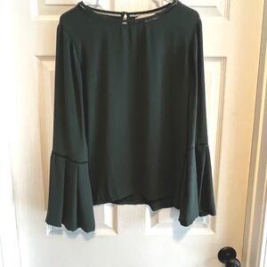 LOFT Womens Green Bell Sleeve Keyhole Neck Blouse Top Size Small Holiday Party